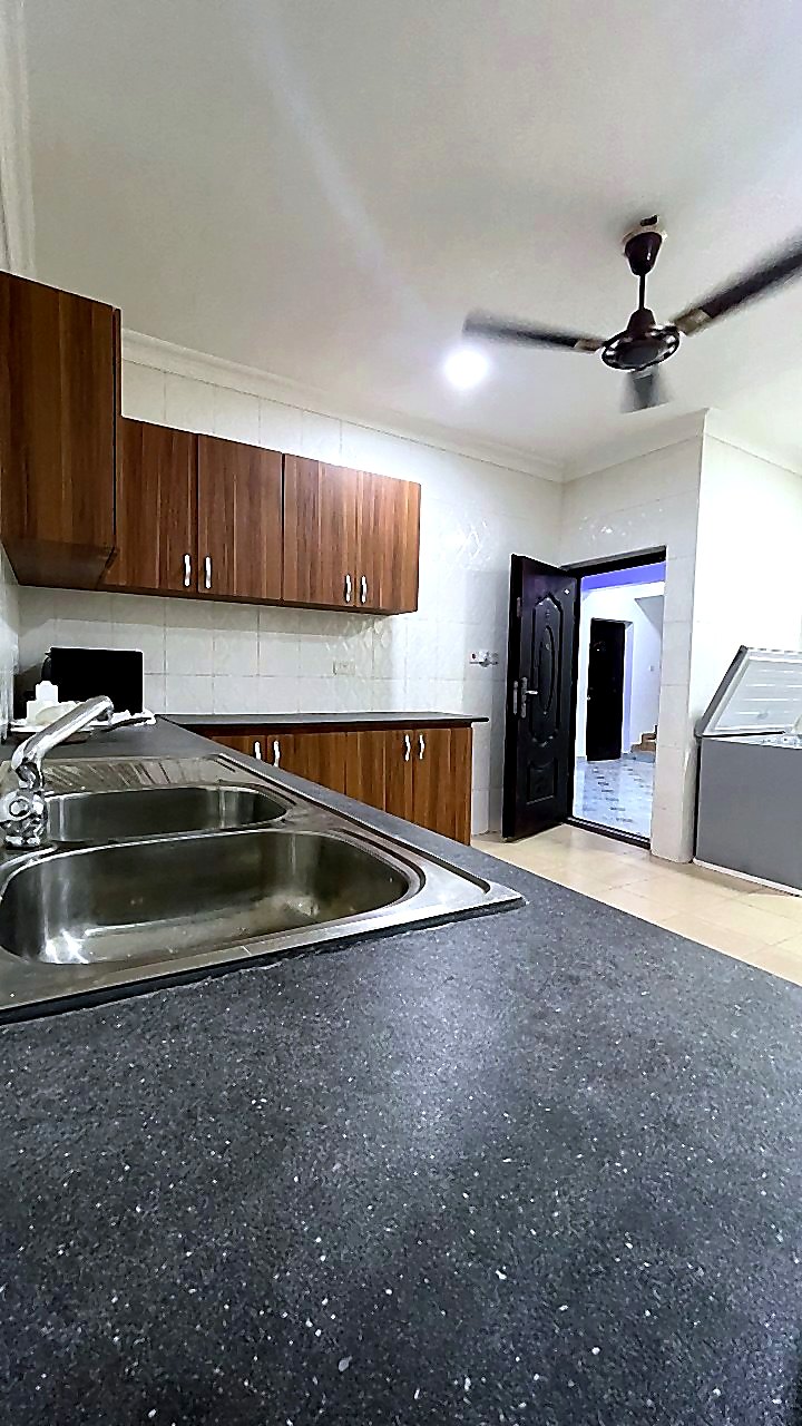 Jeffston Court Hostel shared kitchen with fitted cabinets, sink, microwave, and worktops